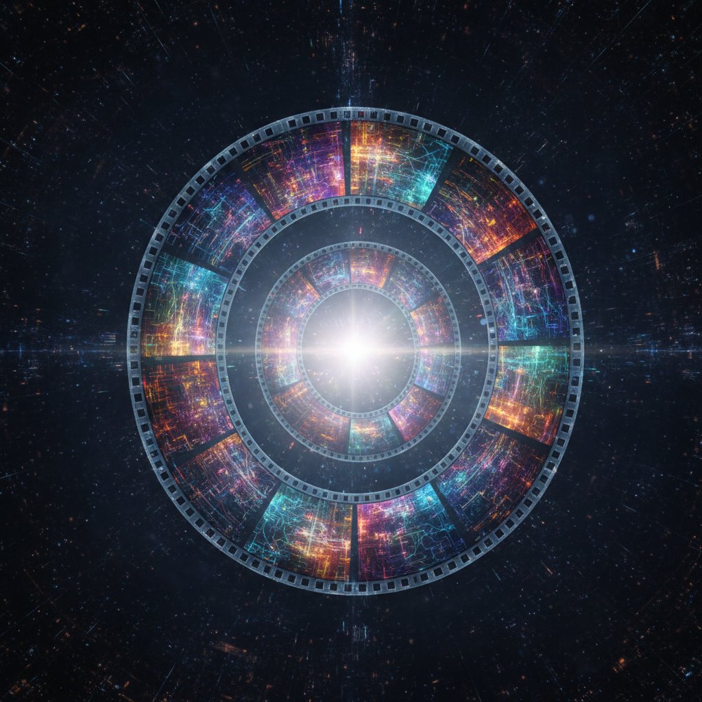 AI interface blending film reels with abstract neural patterns, AI algorithm visualizing a surreal movie scene