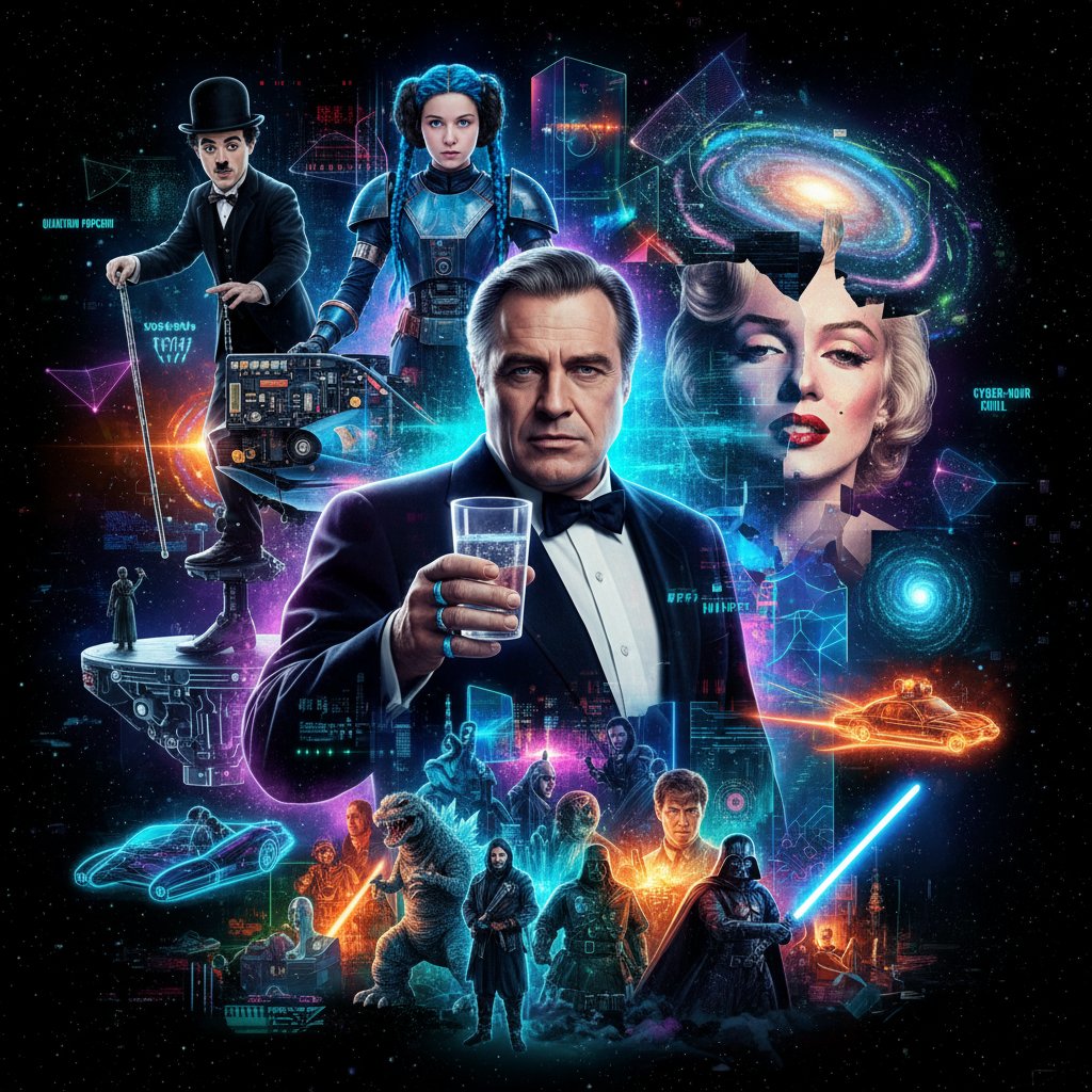 Playful, futuristic collage of AI-generated film stills, meme templates, and cinema icons; vibrant, kinetic energy