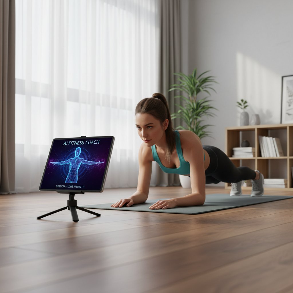 Kobieta ćwiczy z wirtualną trenerką fitness na tablecie w domu, nowoczesne technologie w akcji