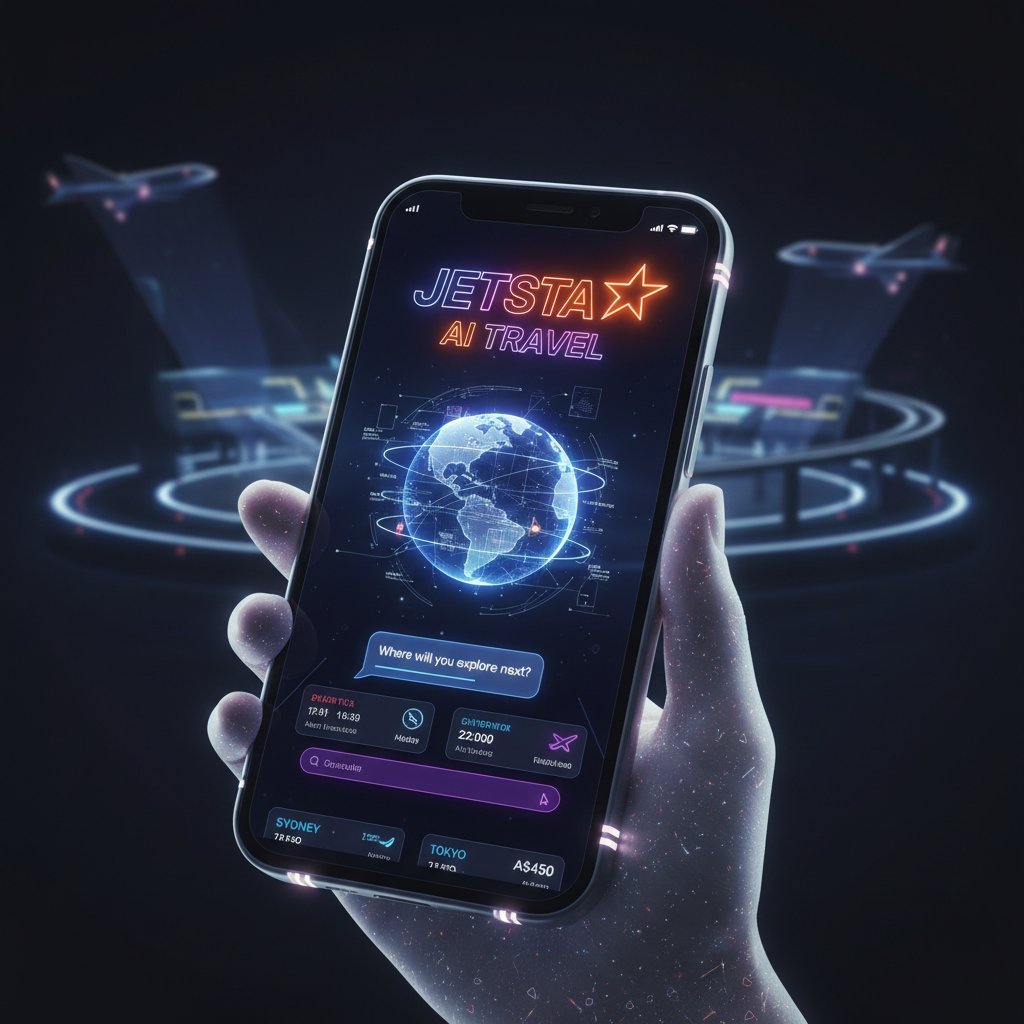 Mobile device showing AI-driven flight booking interface with Jetstar branding, representing the future of flight search and booking