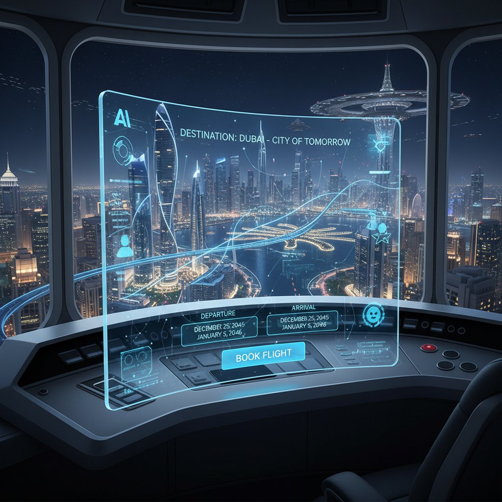 AI flight booking interface, futuristic, Dubai destination