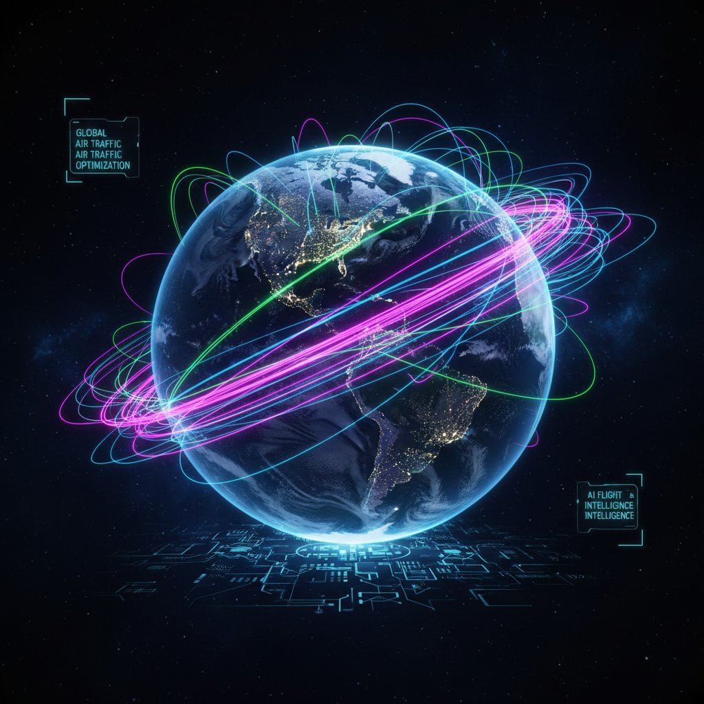 AI-generated flight maps overlaying the globe, dark mode interface, dynamic visualization, visionary, high contrast