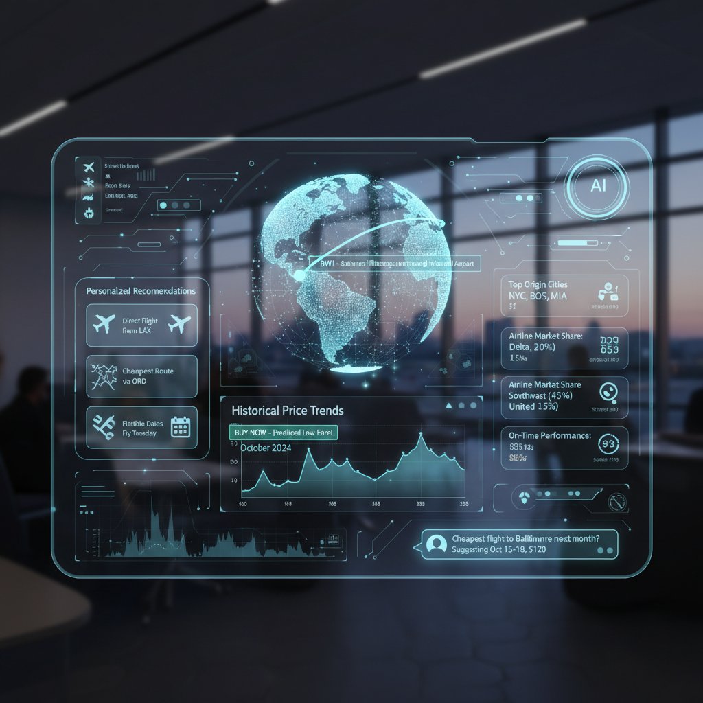 Photo of computer screen displaying AI-powered flight recommendation engine, person analyzing complex data on flights to Baltimore