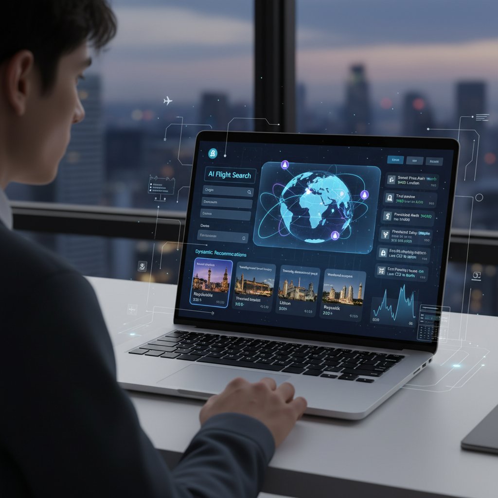 AI-driven flight search interface with dynamic recommendations on a laptop