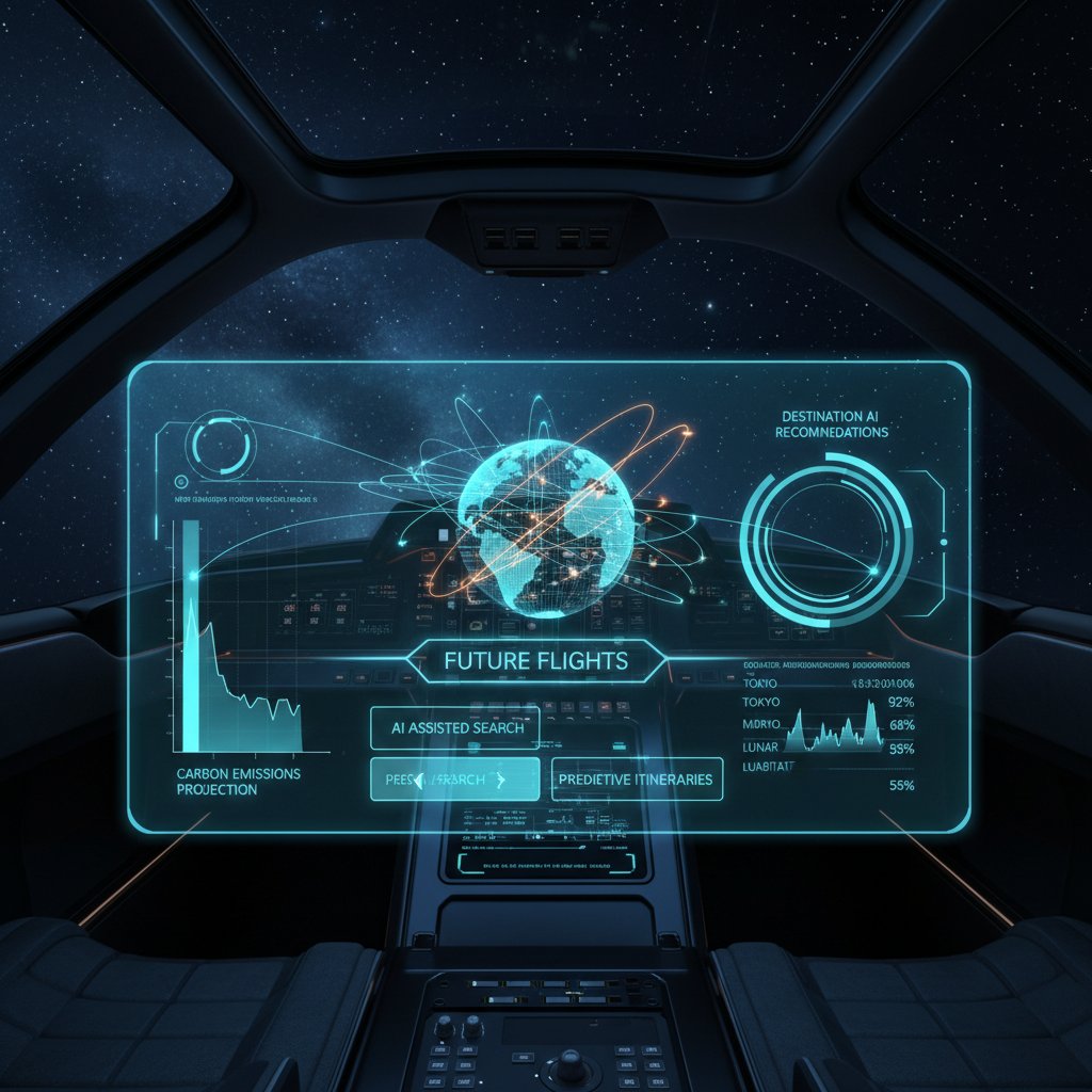 Futuristic AI flight search dashboard visualizing complex route options and price predictions