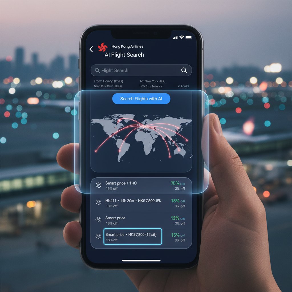 A high-contrast UI mockup photo showing an AI-powered flight search engine on a smartphone, focused on Hong Kong Airlines