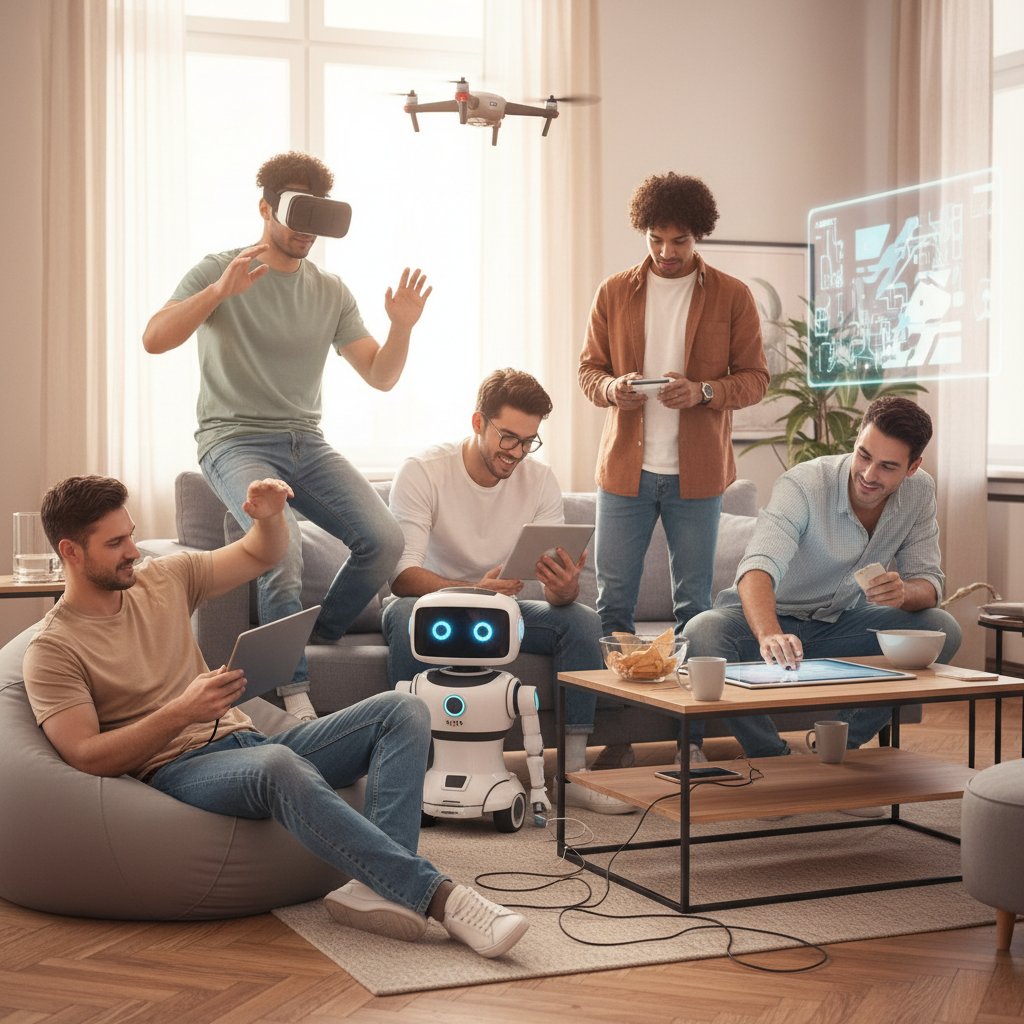 Osoby korzystające z AI na różnych urządzeniach, w swobodnej atmosferze