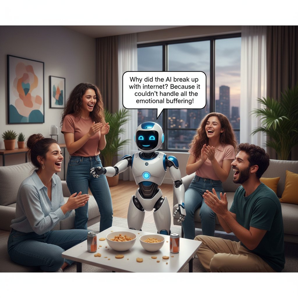 Wirtualny kumpel AI opowiadający żart grupie młodych ludzi – AI z poczuciem humoru