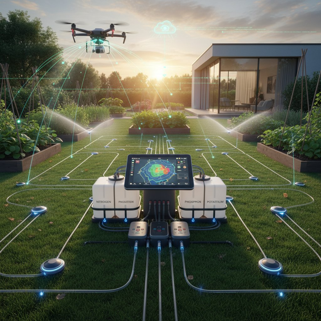 Nowoczesny ogród zintegrowany z technologią AI i IoT, widoczne sterowniki i czujniki