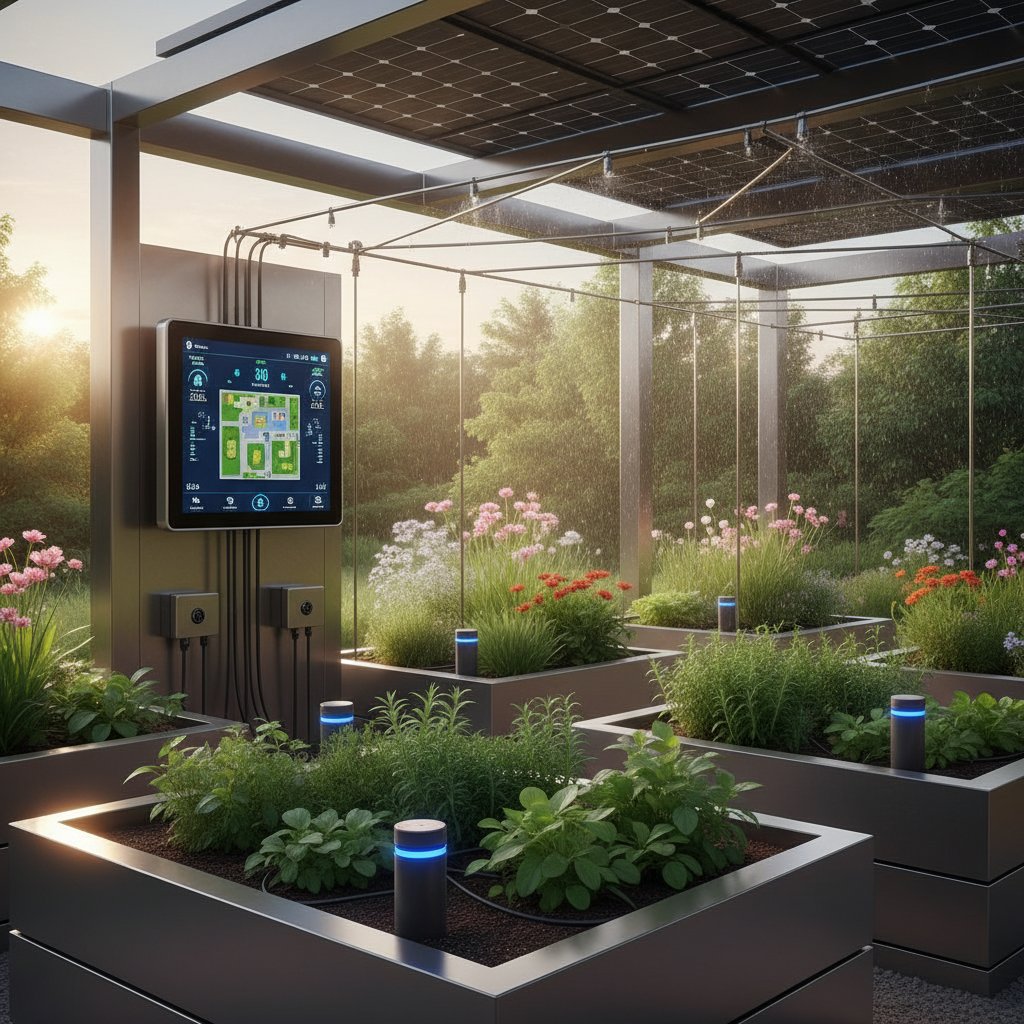 Nowoczesny ogród z widocznym panelem sterowania AI i czujnikami rozmieszczonymi wśród roślin