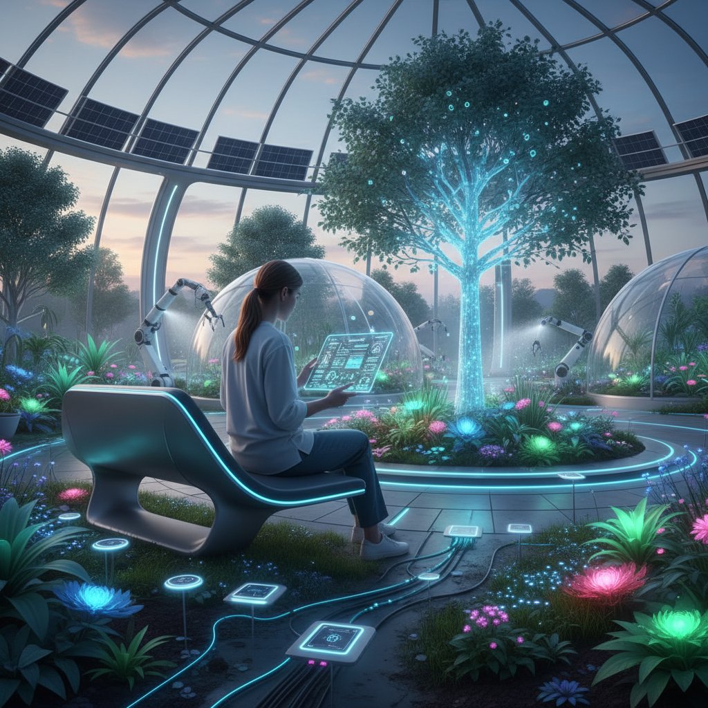 Nowoczesny ogród zintegrowany z AI – osoba korzystająca z tabletu na tle zaawansowanych czujników