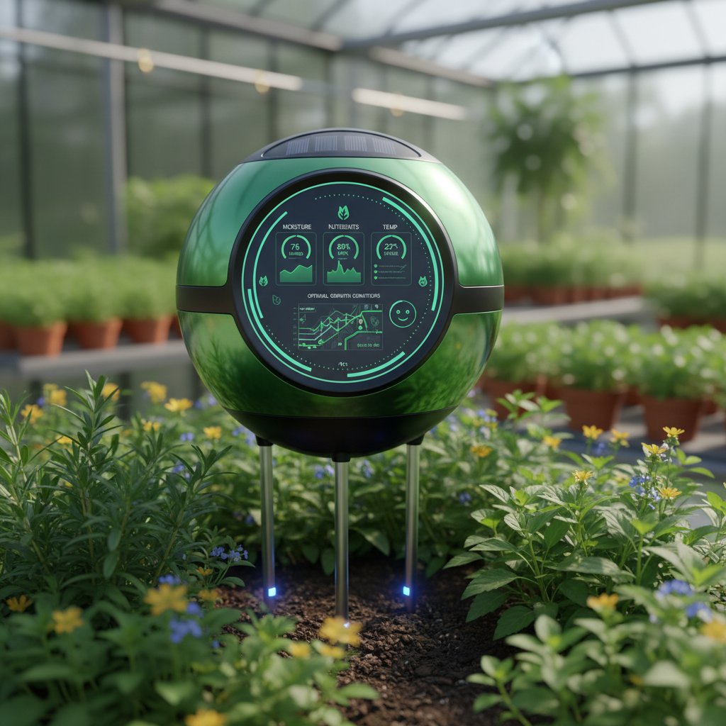 Panel kontrolny AI analizujący dane z czujników temperatury i wilgotności gleby, nowoczesny ogród w tle