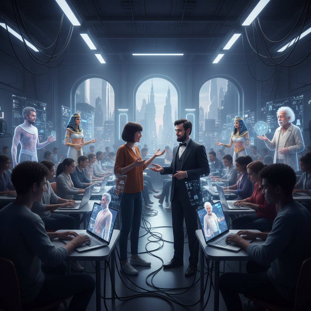 Uczniowie rozmawiający przez symulator historycznych dialogów w klasie