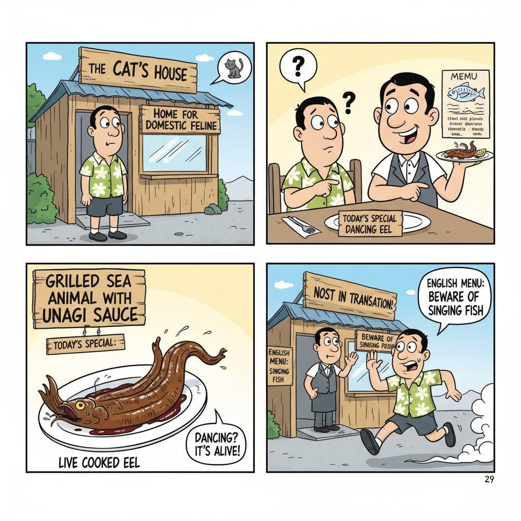 Komiks ilustrujący zabawny błąd tłumaczeniowy AI, co podkreśla wyzwania związane z chatgpt tłumaczenia jakość