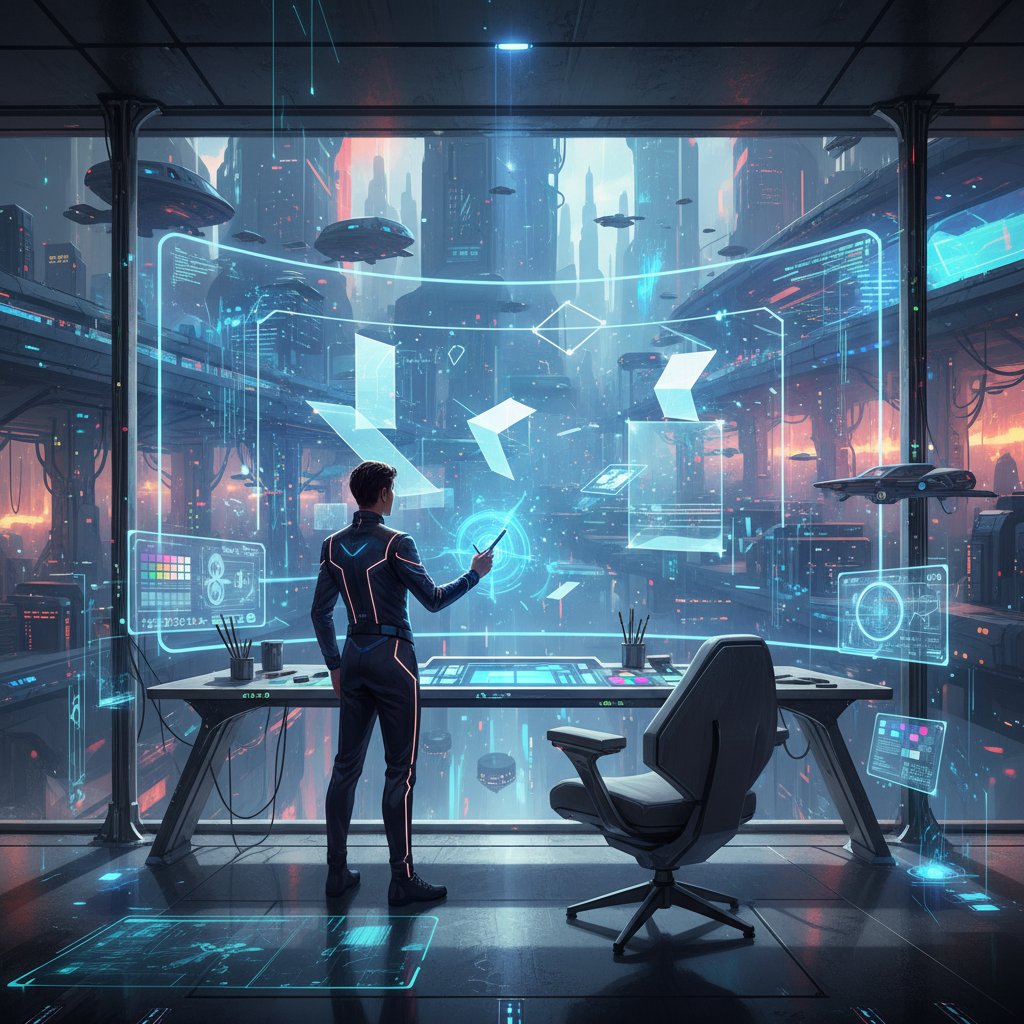 Ekran z dziełem sztuki generowanym przez AI, artysta analizuje wyniki na tle futurystycznego studia