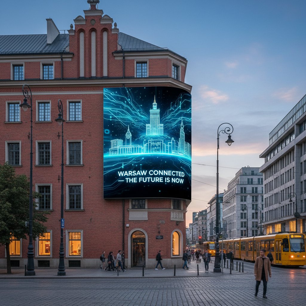 Billboard wygenerowany przez AI na ulicach Warszawy, nowoczesna kampania reklamowa