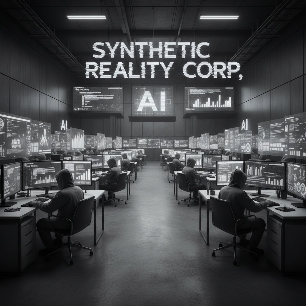 Wizualizacja AI generującej fałszywe treści w biurowym środowisku, atmosfera niepokoju