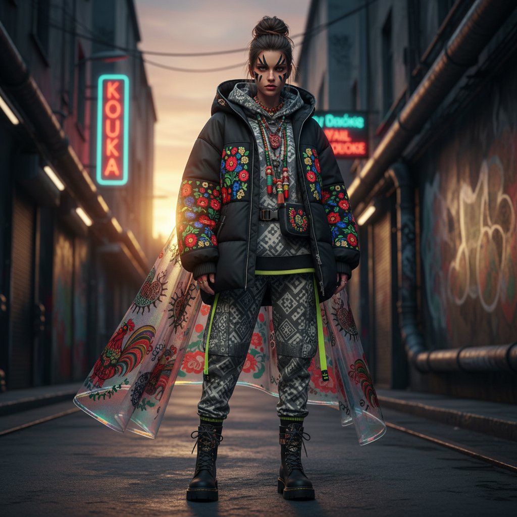 Stylizacja AI inspirowana polskimi motywami ludowymi i miejskim streetwearem