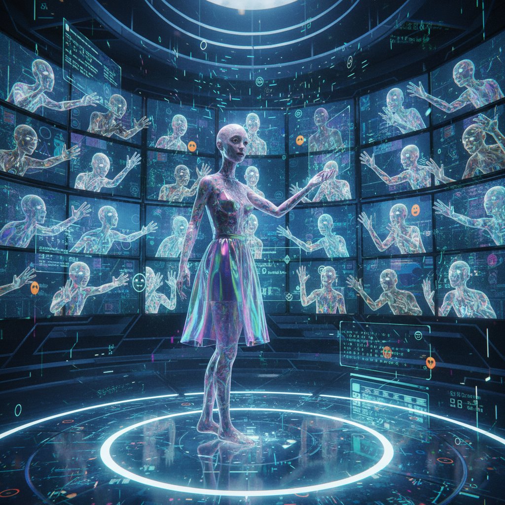 AI-generated influencer avatars interact with audiences in digital studio, speculative scene for movie influencer comedy cinema
