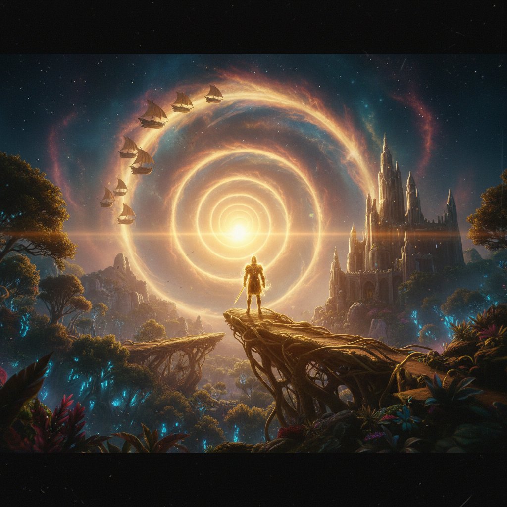 AI-generated movie frame with a golden spiral overlay, analyzing modern composition