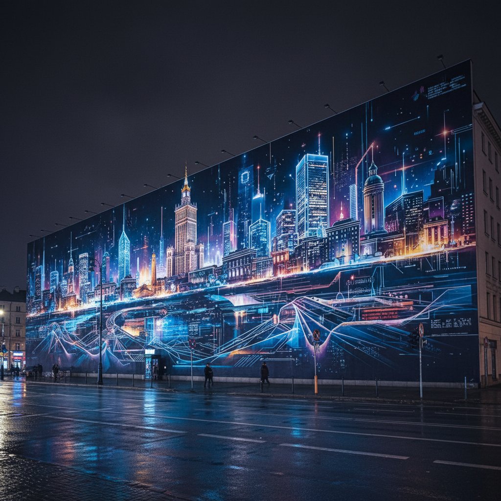 Sztuczna inteligencja maluje mural w Warszawie nocą