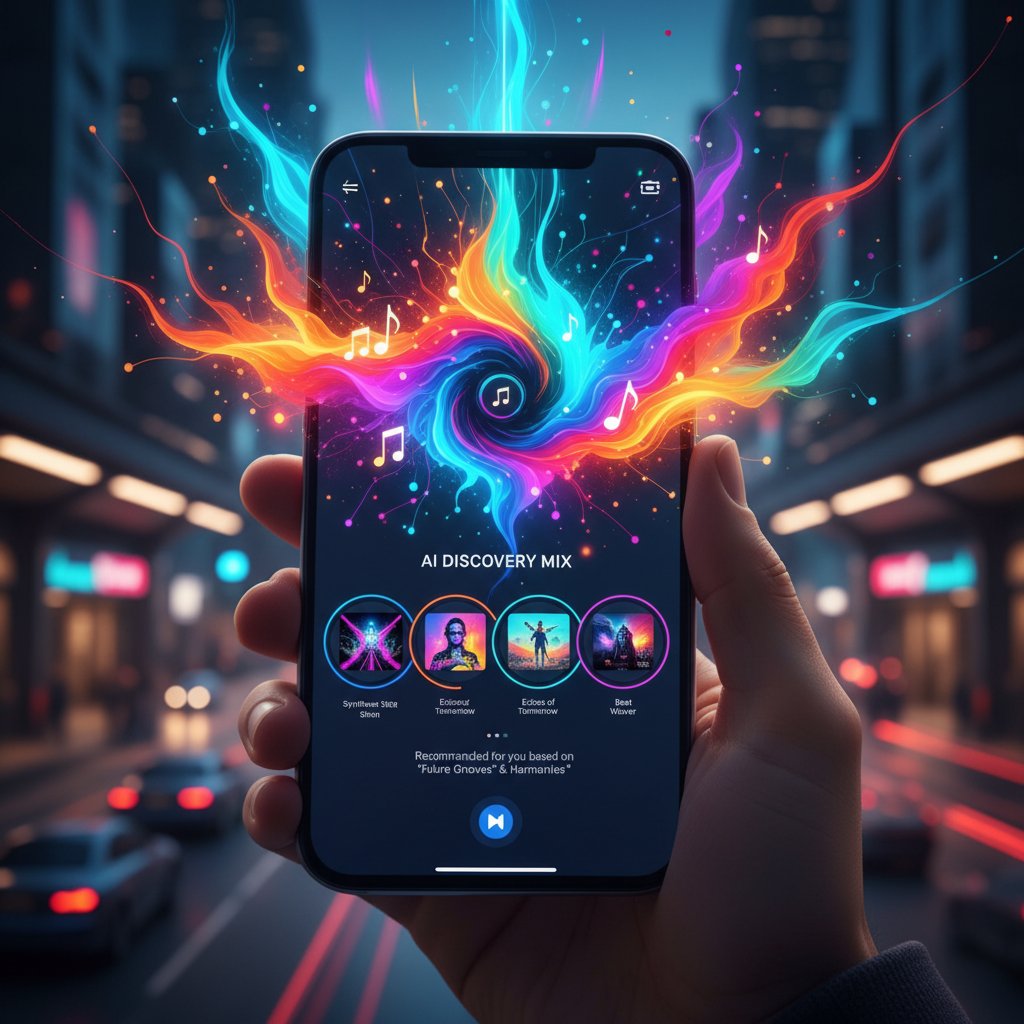 Rekomendacje muzyczne generowane przez AI na ekranie smartfona, dynamiczne kolory