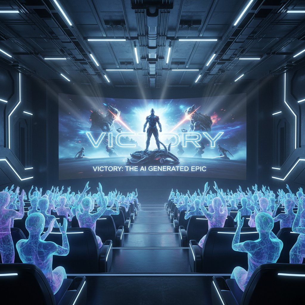 Futuristic scene of a virtual audience reacting to an AI-generated victory montage, cinematic lighting, movie victory movies
