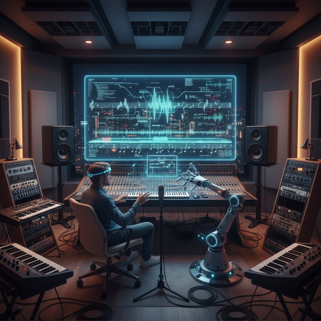 AI generuje muzykę na laptopie w profesjonalnym studiu nagrań, skupiony kompozytor