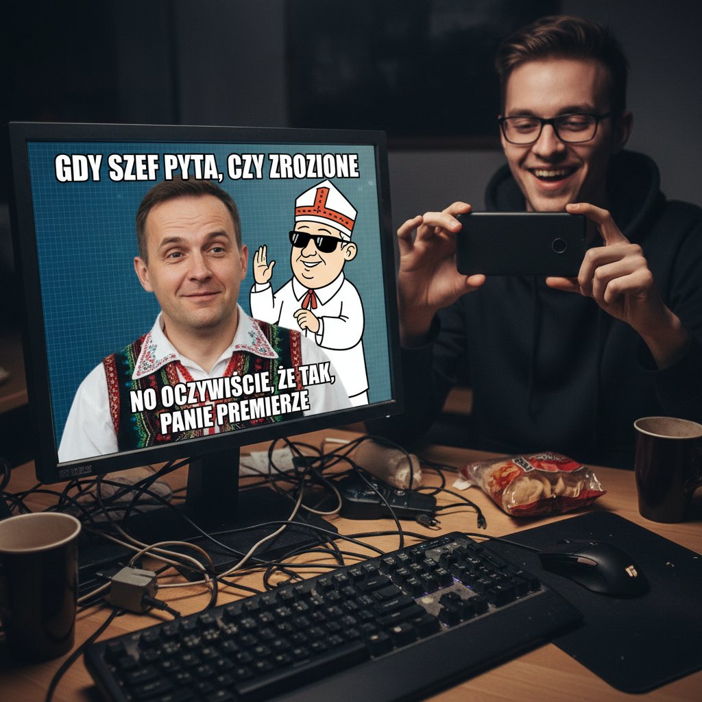 AI generuje polski mem na komputerze, obok stoi człowiek uśmiechający się z politowaniem