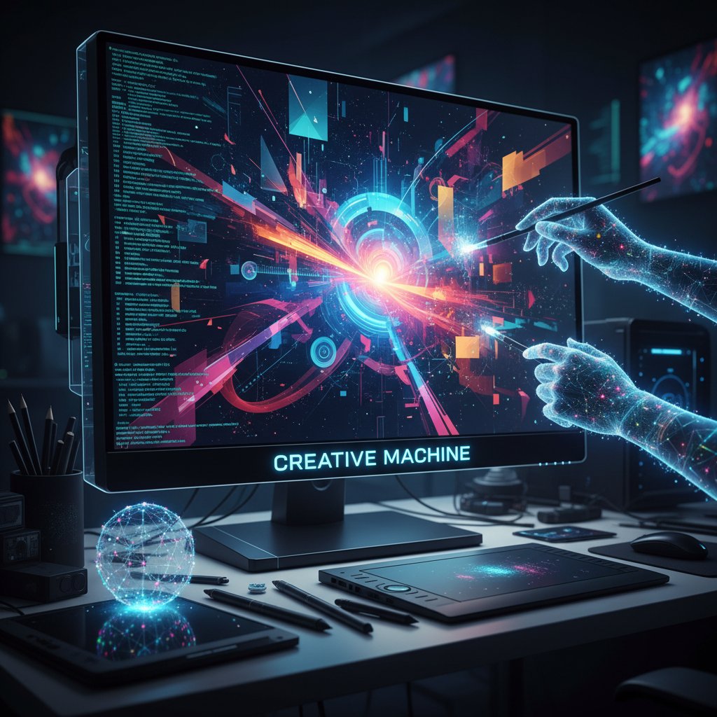 Innowacyjny system AI generujący obrazy na ekranie komputera, motyw kreatywności maszyn