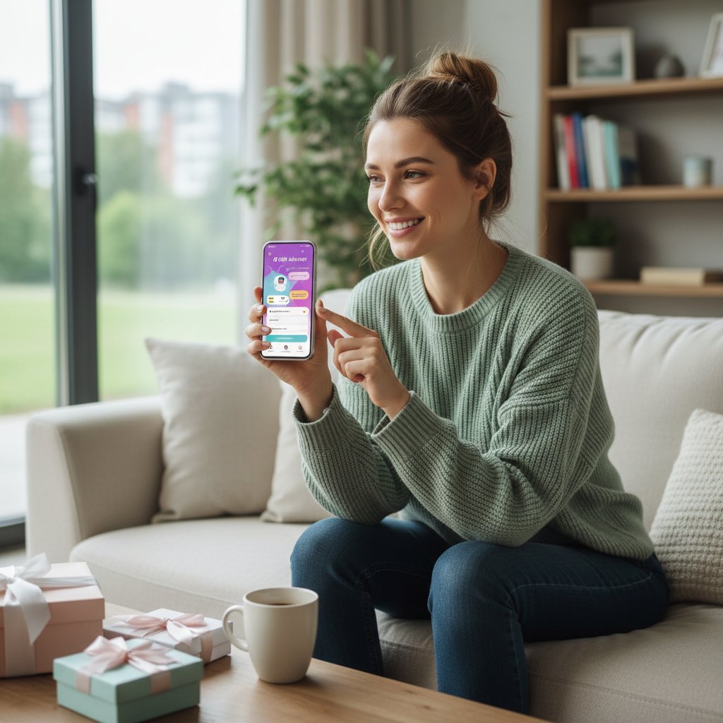 Osoba korzystająca z aplikacji AI do wyboru kreatywnego prezentu na smartfonie