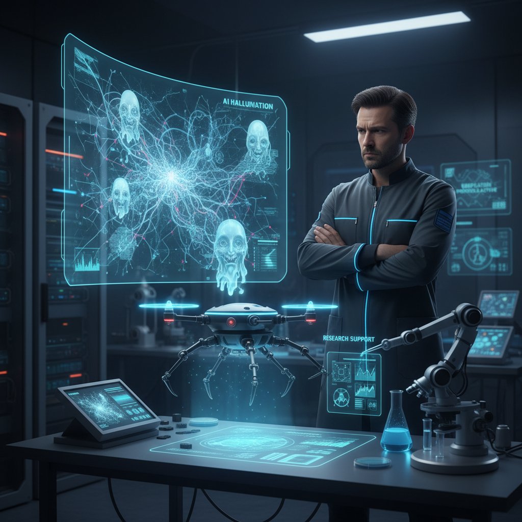 AI-generated report with errors, researcher looking skeptical, symbolizing hallucination risk in online research support