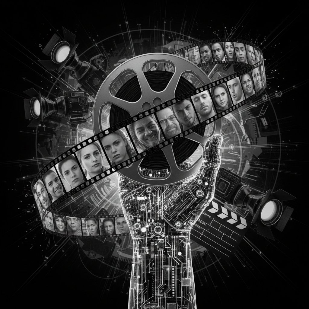 AI-generated hand holding a film reel split into diverse faces, symbolizing algorithmic influence on movie representation in a high-contrast, symbolic photo