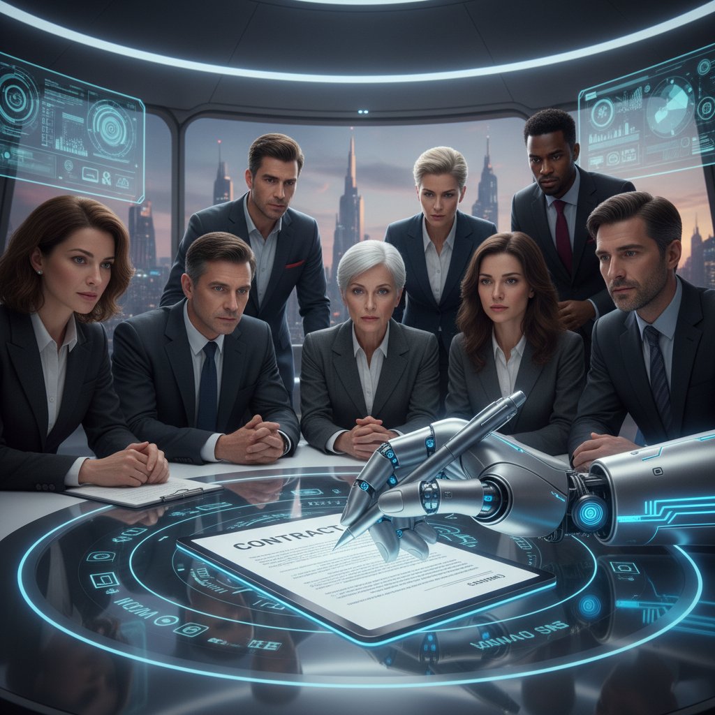 Symboliczne zdjęcie: dłoń człowieka i hologramowa ręka AI nad podpisywaną umową, atmosfera napięcia i współpracy