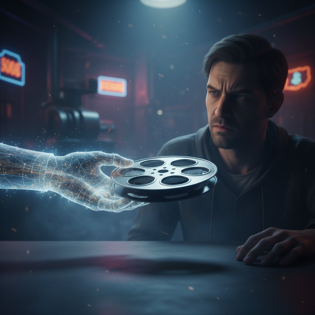 Dramatic metaphor image: AI hand offering a film reel to a skeptical human, moody lighting