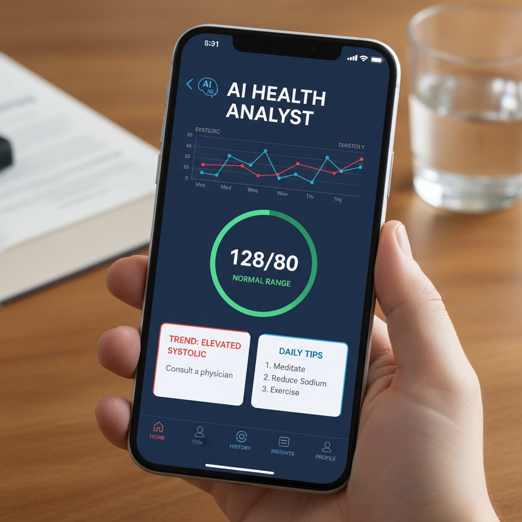 Osoba korzystająca z aplikacji AI do analizy wyników ciśnienia, wyraźne skupienie na nowoczesnej technologii