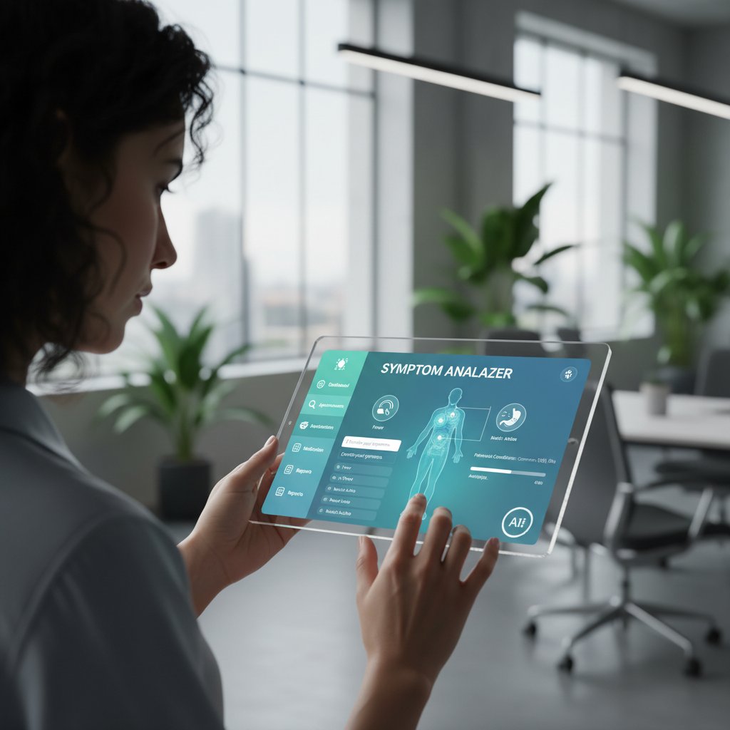 Nowoczesna platforma AI analizująca symptomy zdrowotne, użytkownik śledzi swoje dane na ekranie