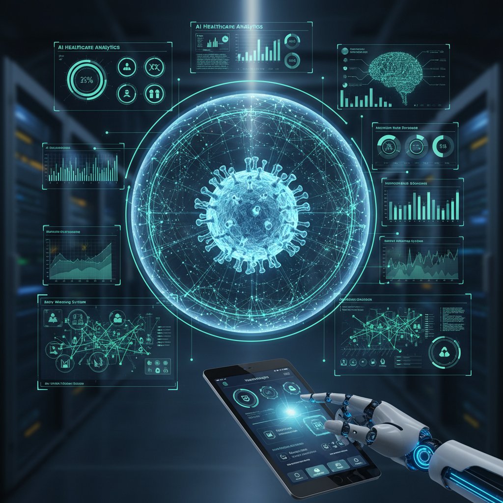 Zdjęcie ekranu komputera z AI analizującą dane medyczne, postać korzystająca z platformy zdrowotnej