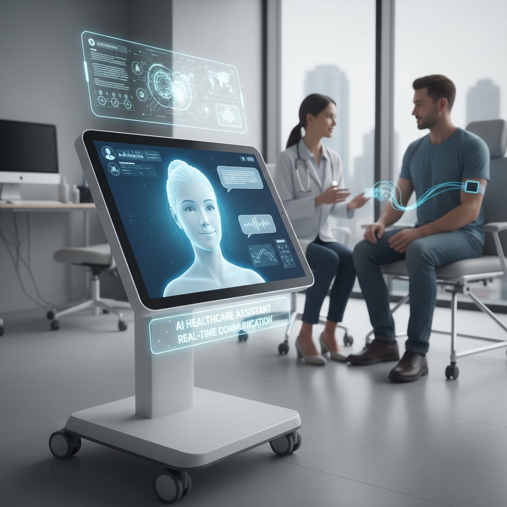 A digital AI interface in a medical environment, showing real-time communication between staff and patient on various devices