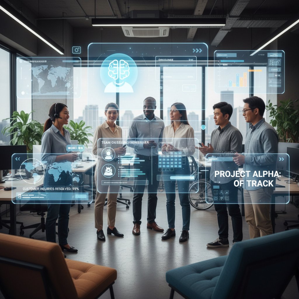 AI helpers at work across various industries, diverse professionals collaborating with digital teammates