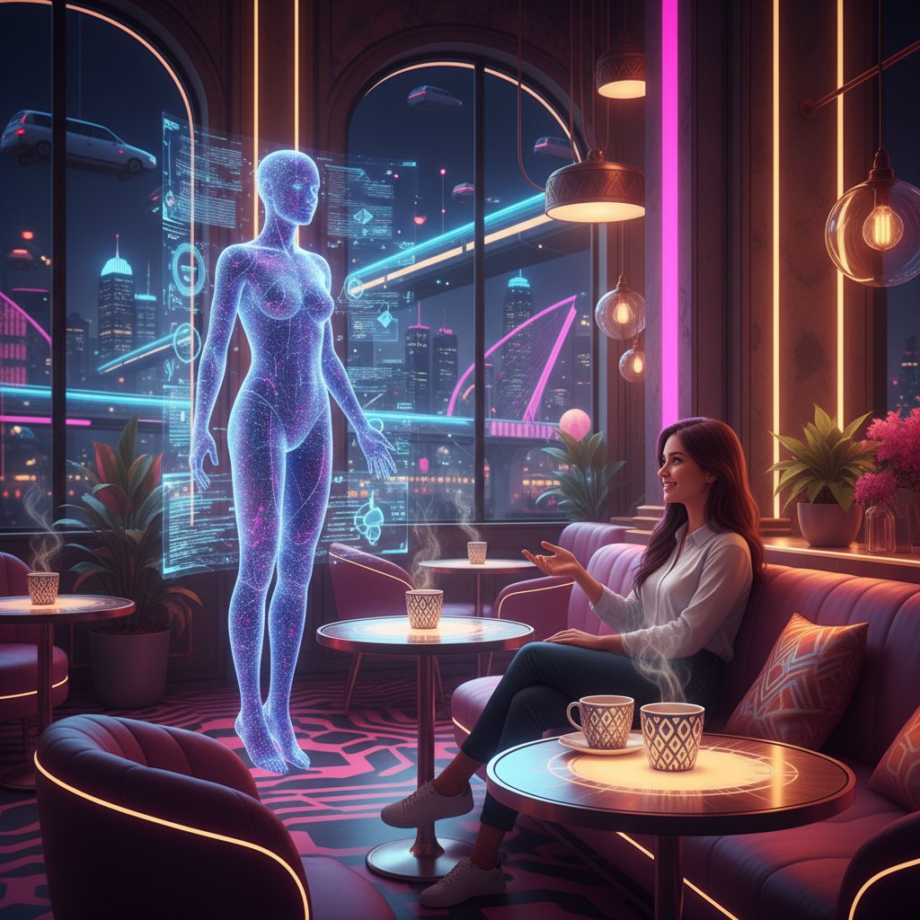Nowoczesny hologram AI prowadzi rozmowę w warszawskiej kawiarni