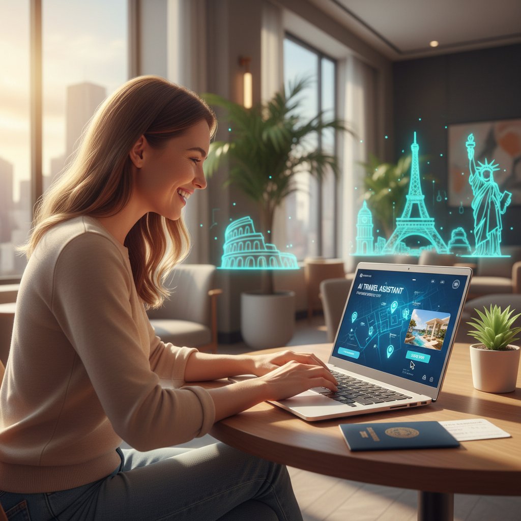 Zbliżenie na ekran laptopa z AI analizującym oferty hoteli, obok podróżnik zadowolony z wyboru