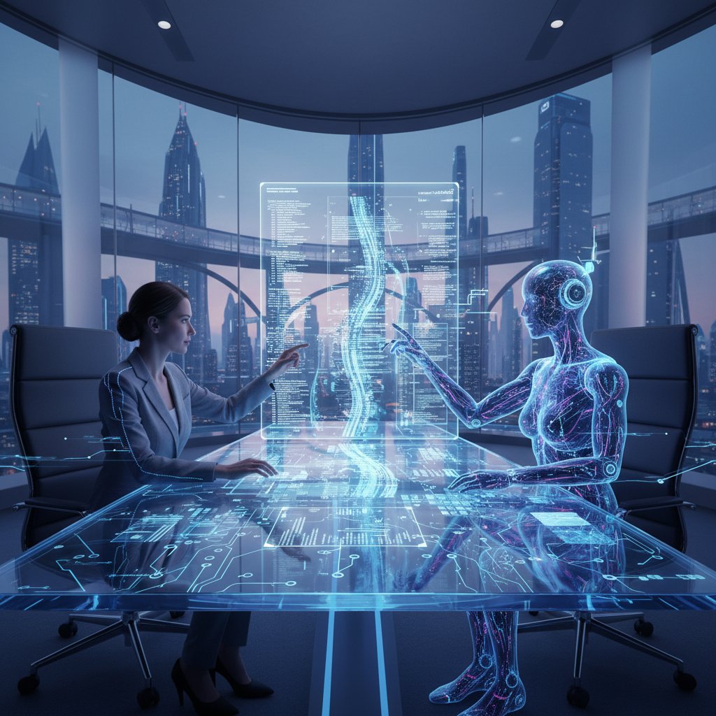 Futuristic concept photo: AI and human collaboration analyzing text, glowing data streams