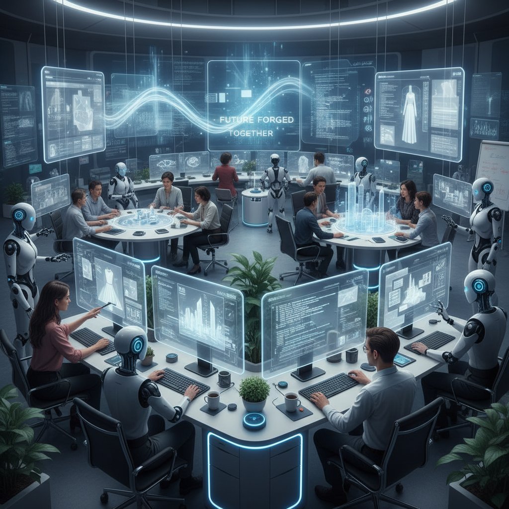 Kreatywny zespół i AI współpracujące przy projektach multimedialnych