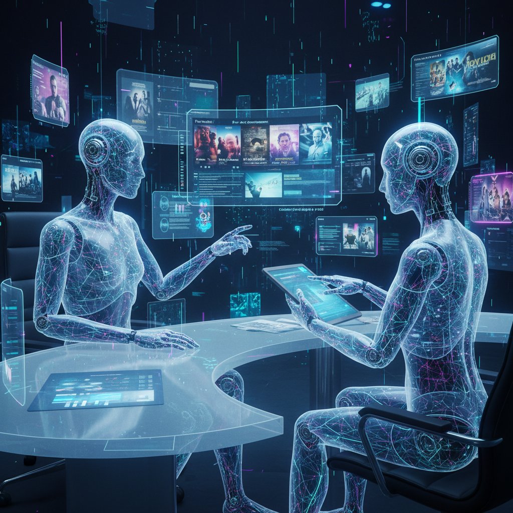 Futuristic photo of AI and human exchanging movie notes in a digital workspace, cool palette
