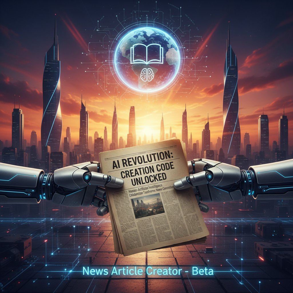 AI and human hands exchanging a newspaper at sunset, news article creator, symbolic newsroom change