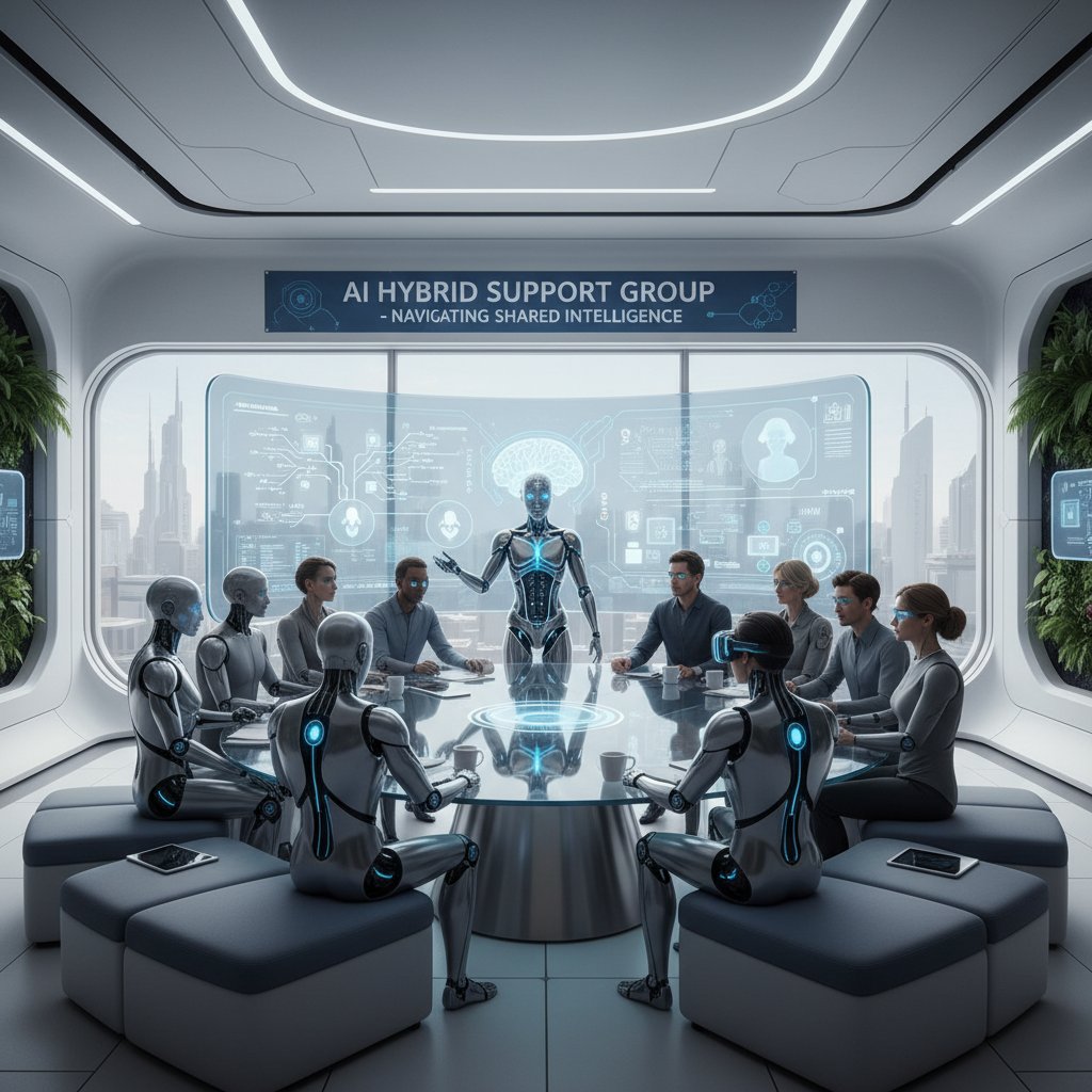 Nowoczesna sala spotkań z technologiami AI i ludźmi rozmawiającymi twarzą w twarz