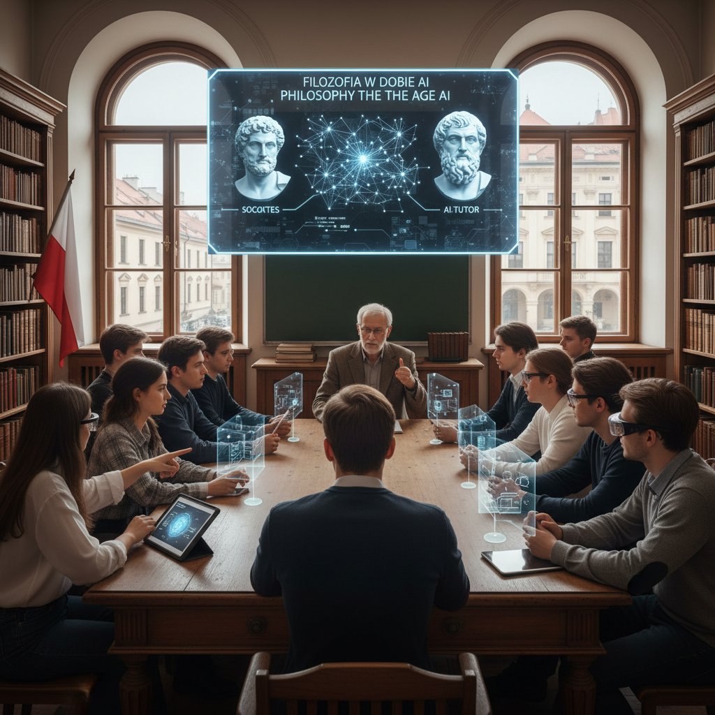 Uczniowie wykorzystujący AI podczas lekcji filozofii w polskiej szkole