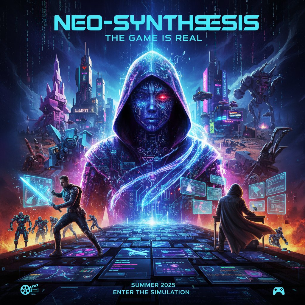 AI w popkulturze – plakat filmowy, scena gry komputerowej, w tle cyfrowe elementy