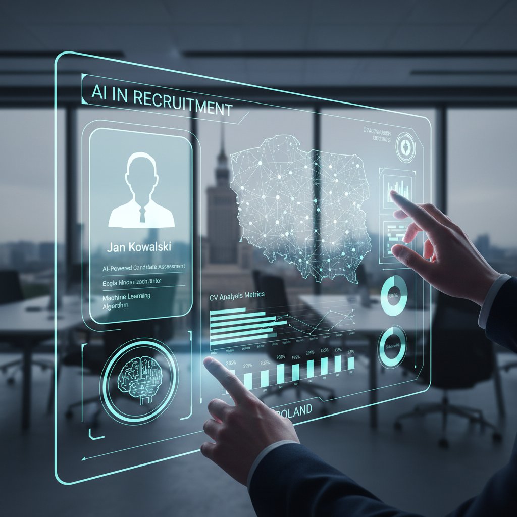 Nowoczesne narzędzia AI w rekrutacji, ekran komputera z analizą CV, polska firma, zaawansowana technologia